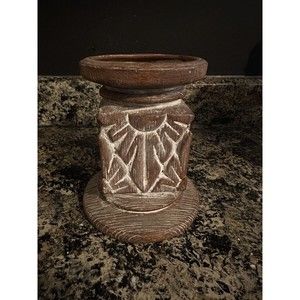 Hand Carved Floral Brown White Southwestern Rustic Candle Holder Stand 1970's